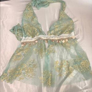 Sheer Lace Halter Top with Shell Accents